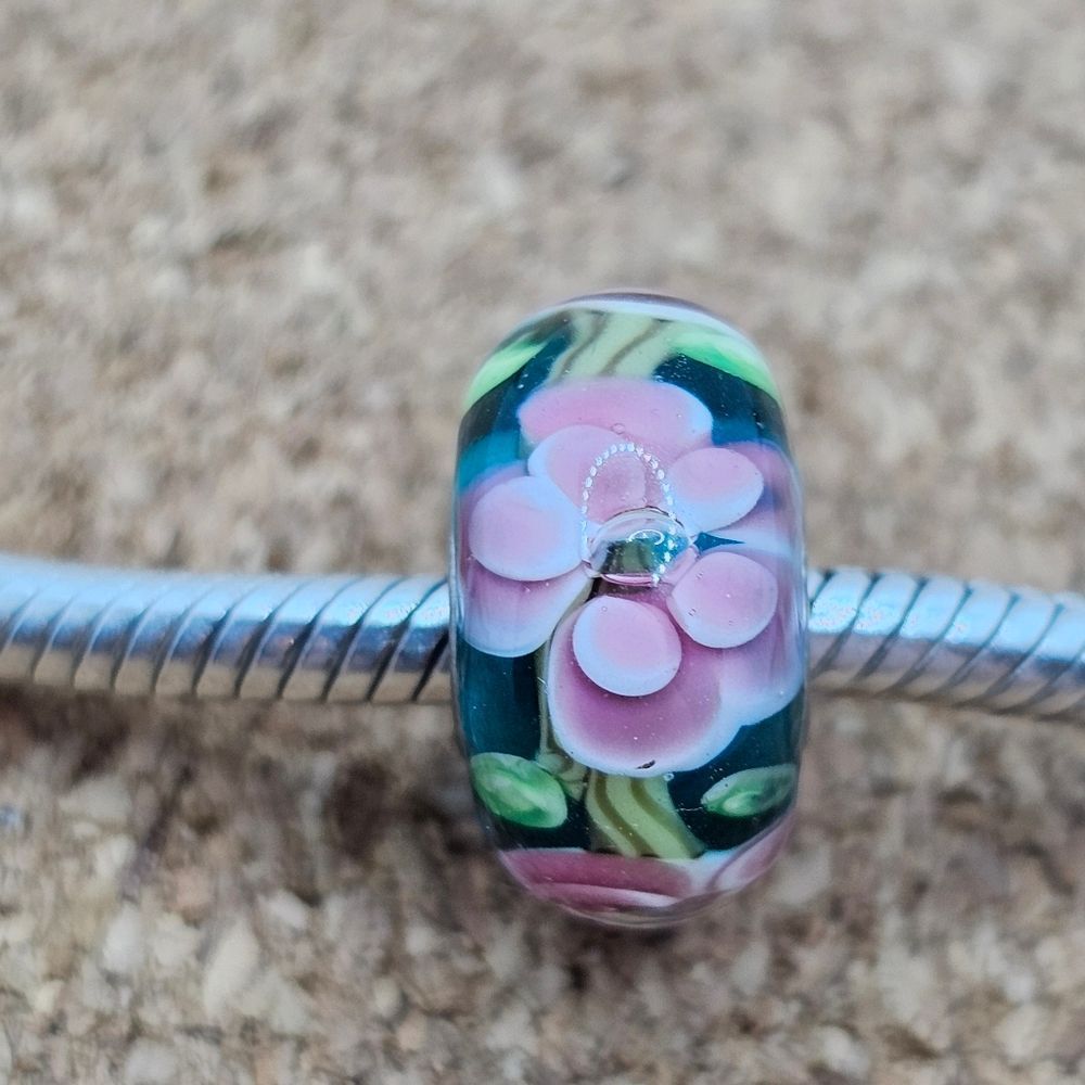 3/$30 🖤 PINK FLOWERS BLACK MURANO GLASS 925 STERLING SILVER CHARM FOR PANDORA
